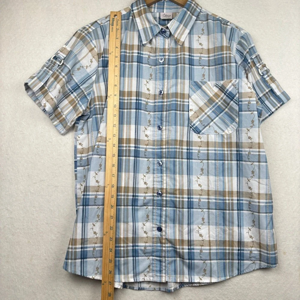Adrian Delafield Shirt Womens L Plaid Floral Embroidered Button FrontCottagecore